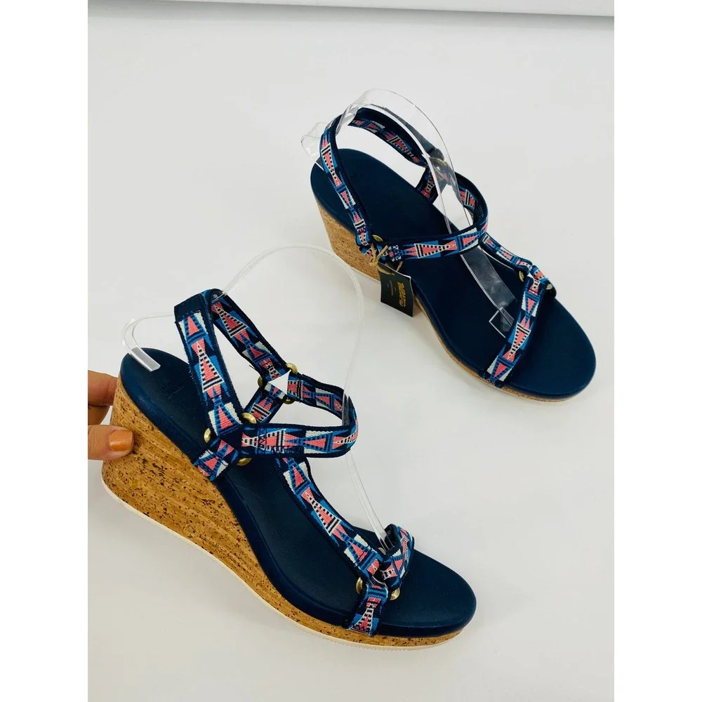 Teva Zirra Cork Wedge Sandals Women 10 Navy Blue Geometric‎ Strappy Boho